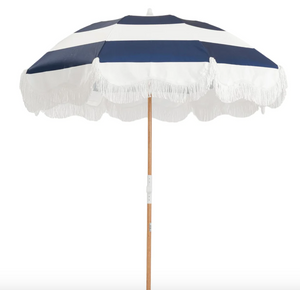 Sunset Shades: Beach Umbrella - White and Blue - Black Color - Premium Style, Portable Size - White Background 
