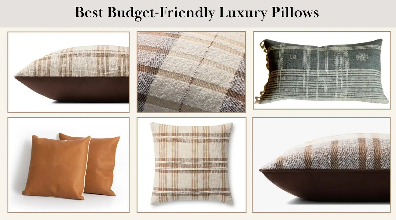 Collage of luxury pillows in plaid, leather, and neutral-toned designs, offering stylish and budget-friendly decor options for modern interiors.