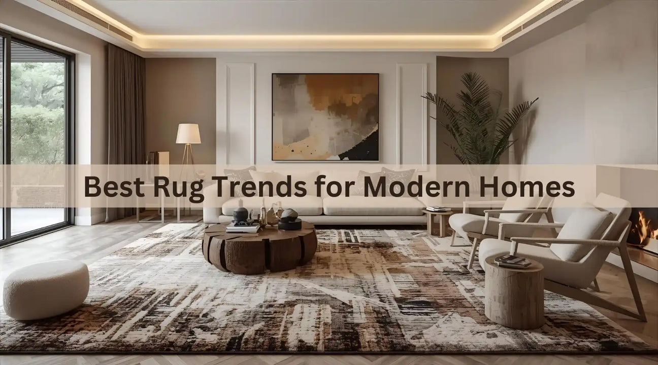 A stylish modern living room featuring a patterned rug, cozy furniture, and soft lighting, with an emphasis on contemporary decor trends.