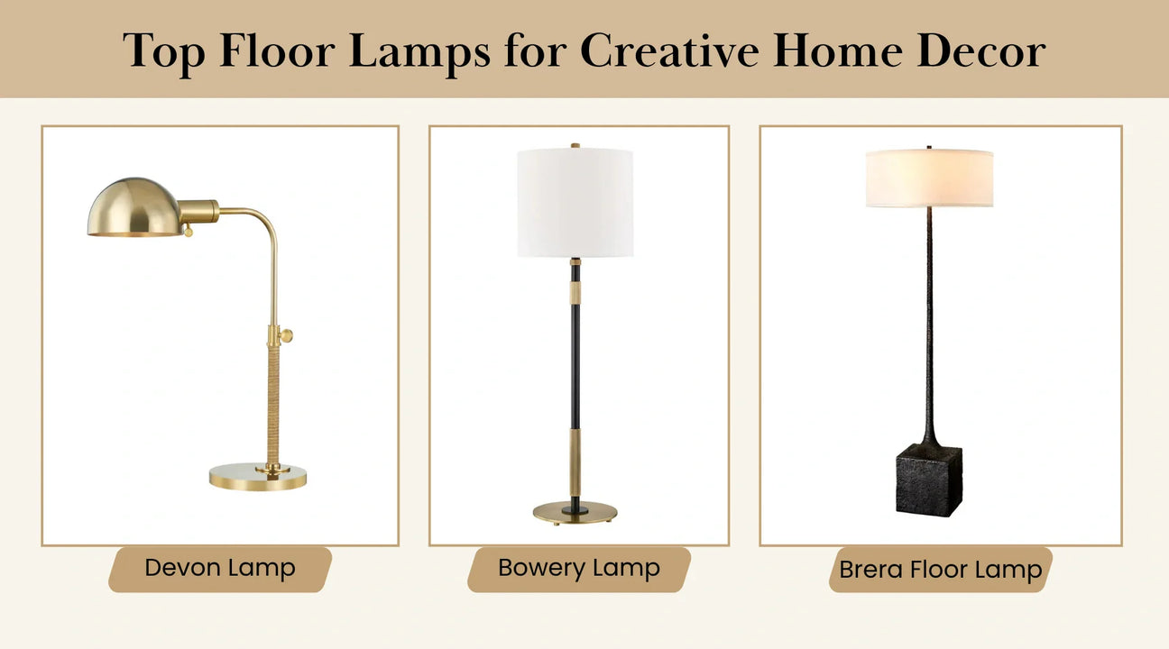 Three stylish floor lamps—Devon in gold, Bowery in black with gold accents, and Brera with a square base—ideal for modern home decor.