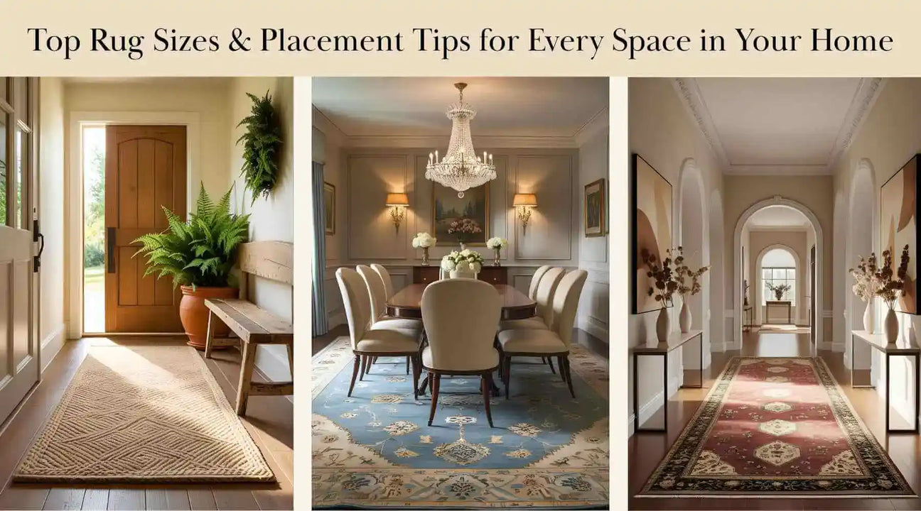 Three rooms illustrate rug sizes & placement: a cozy entryway, an elegant dining room, and a well-lit hallway—each styled with precision and balance.