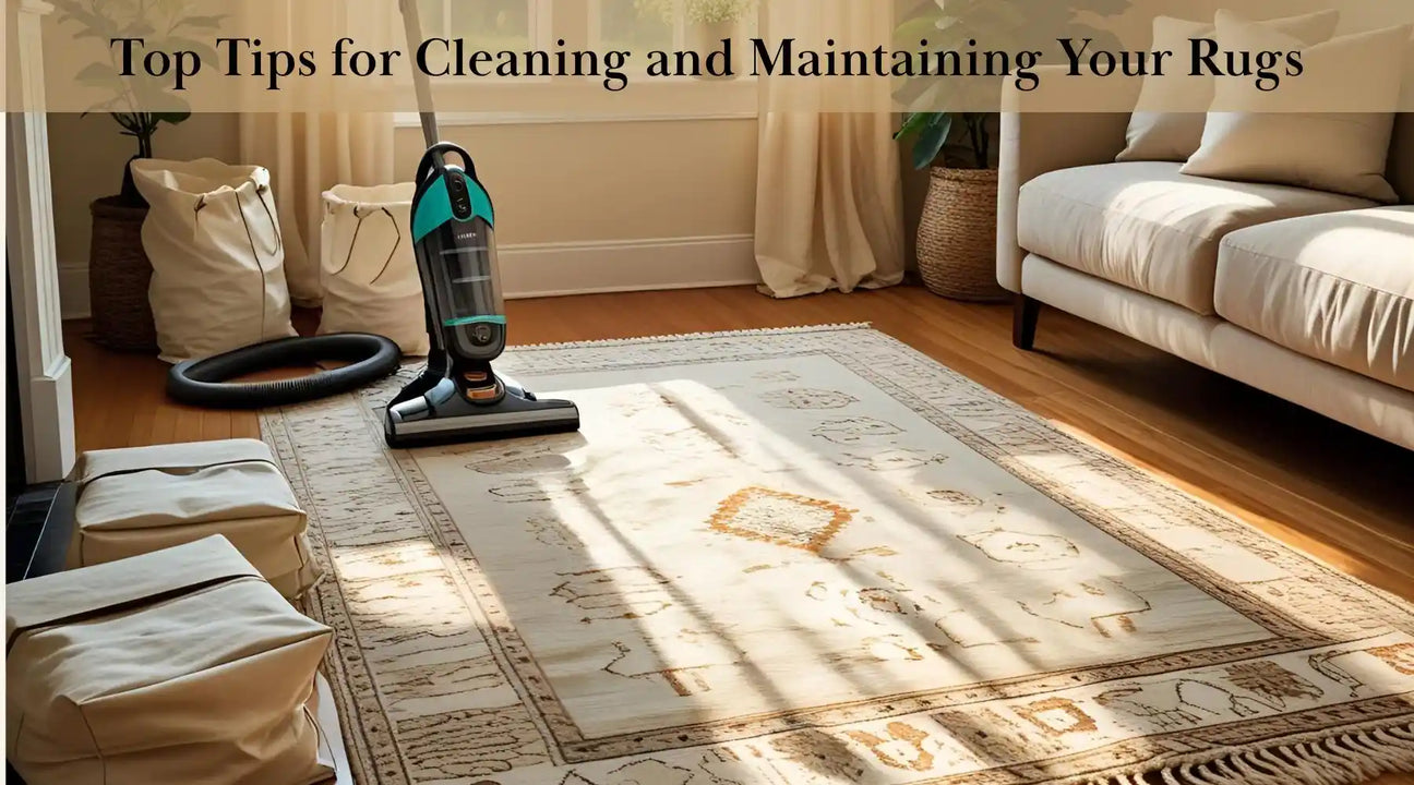 A vacuum cleaner on a patterned rug with sunlight streaming in, accompanied by cream storage bags and a cozy couch.