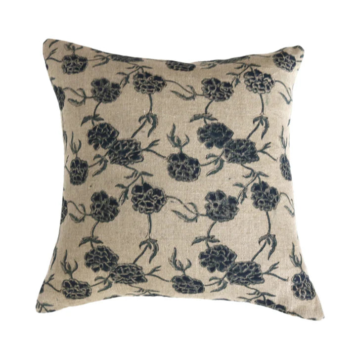Lark Hand-Block Printed Floral Pillow Cover – Blue &amp; Green on Beige Linen