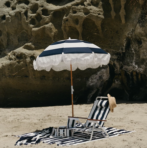 Sunset Shades: Beach Umbrella - White and Blue - Black Color in Beach - Premium Style, Portable Size - White Background 