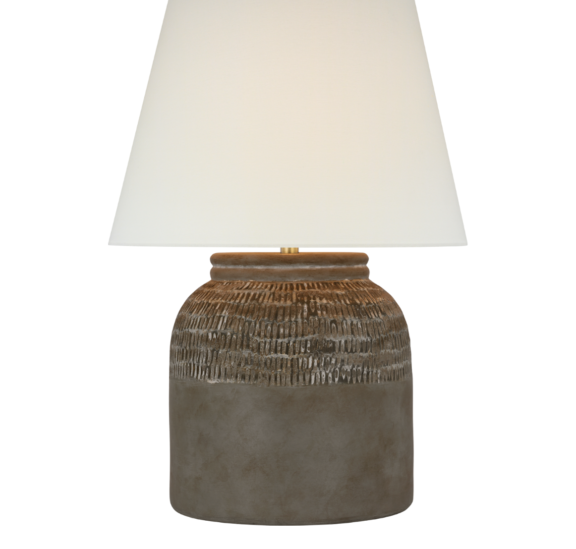 Indra Medium Table Lamp: Standing at 27" tall with a 19" width and featuring a 12" round base. Equipped with an E26 dimmer socket and 15 LED A19 wattage.