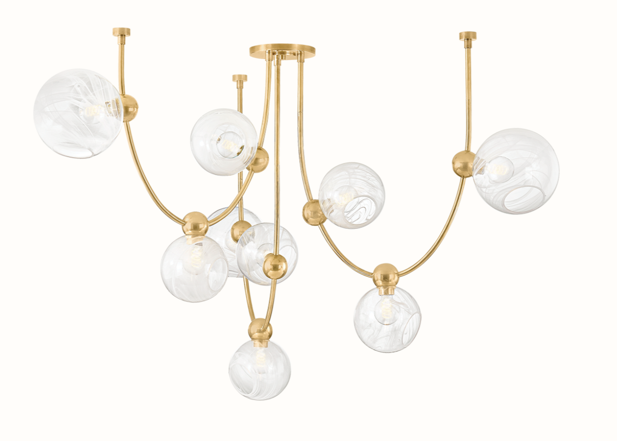 Astraia Chandelier | Vintage Brass Stems with Remolino Blanco Glass Globes