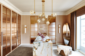 Astraia Chandelier | Vintage Brass Stems with Remolino Blanco Glass Globes