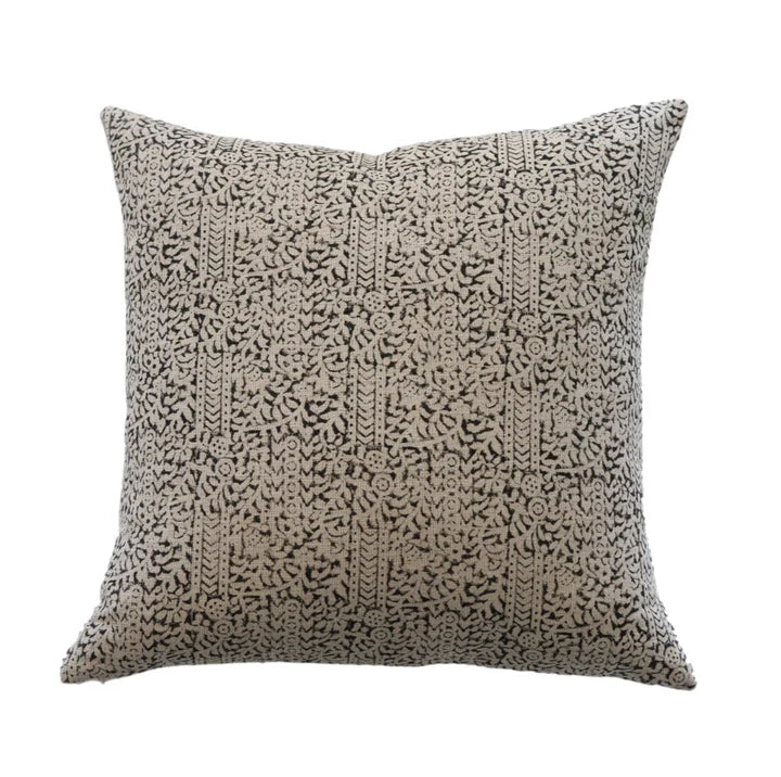 Wilma Hand-Block Printed Linen Pillow Cover – Black Pattern on Natural Fabric