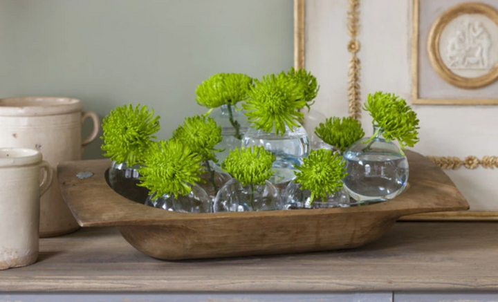 Antique Oval Dough Bowl with green flower
